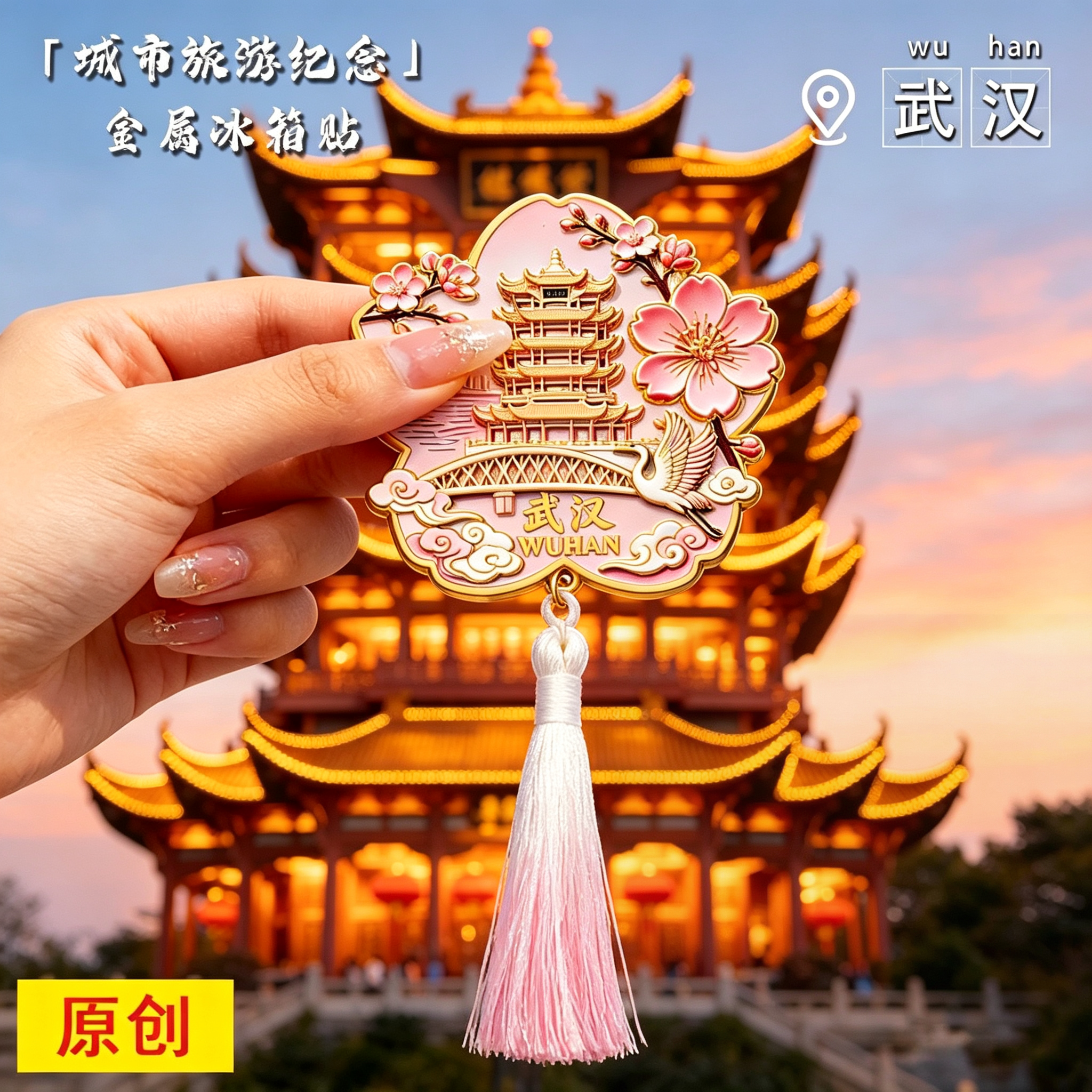 武汉文创冰箱贴金属浮雕古建筑黄鹤楼旅游纪念品中国城市景点装饰