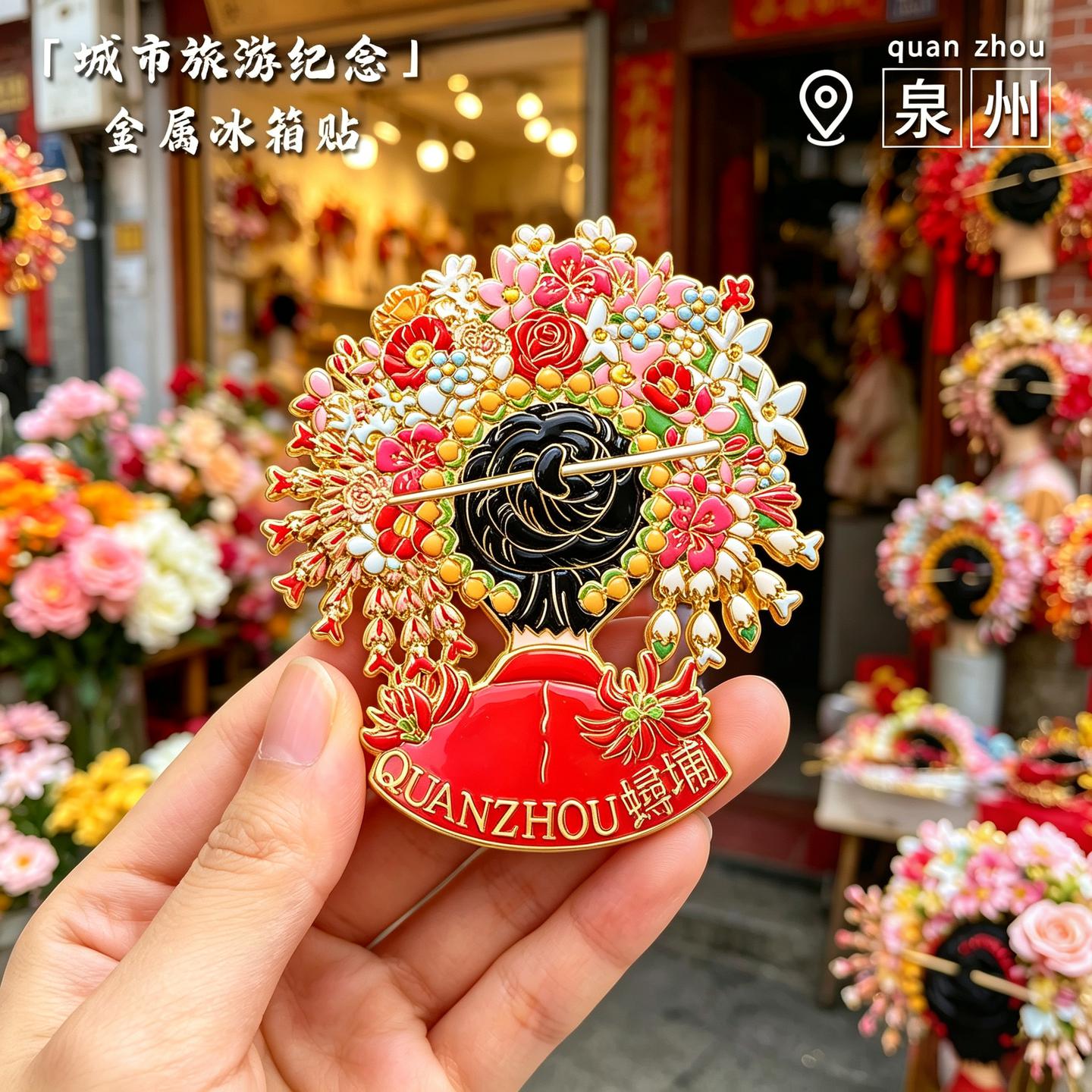 文创泉州城市旅游纪念金属浔埔非遗中式风花钿簪花女冰箱贴磁吸贴