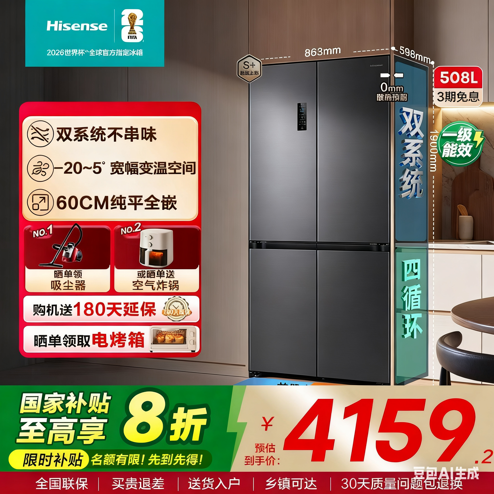 海信大薄荷508零嵌入式冰箱十字门四门60cm超薄零嵌家用双系统