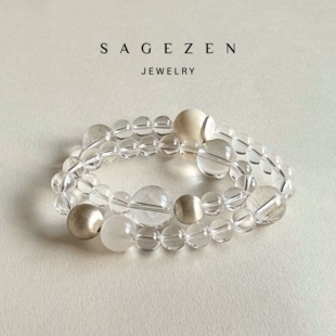 白月光|天然水晶手链巴西白水晶手串猛犸象牙兔毛发晶手串925银