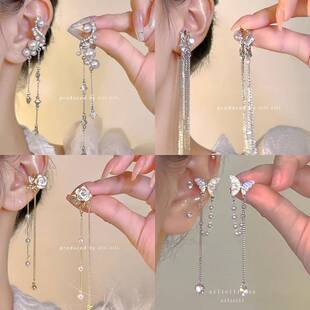 超仙气质长款蝴蝶结流苏仙女无耳洞蚊香盘耳夹小众气质感甜美耳饰