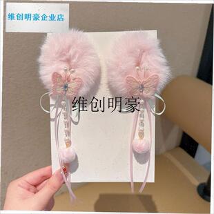 l马年头饰女童中国l风毛绒流苏发圈古风毛球丸子头发绳过年汉服发