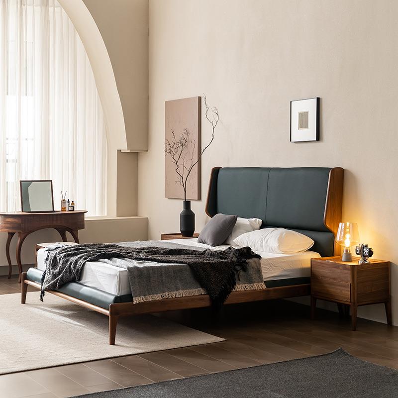 全黑胡桃木床索荟实木简约双人靠床北欧北美客厅卧室式米意儿童