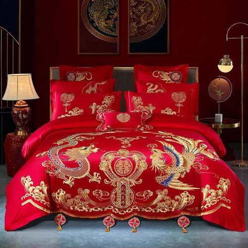 龙凤刺绣结婚床上用品四件套大红色全棉被套备婚六件套叠石桥家纺