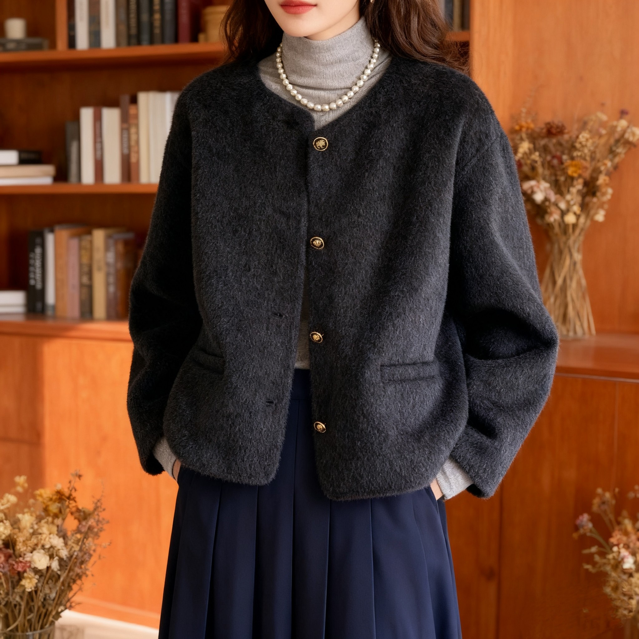 2025年春季新款双面毛呢大衣女短款小香风韩版宽松圆领外套
