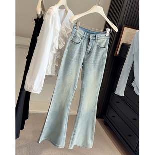 小个子满天星烫钻微喇牛仔裤女2026春季新款高腰显瘦浅蓝色喇叭裤