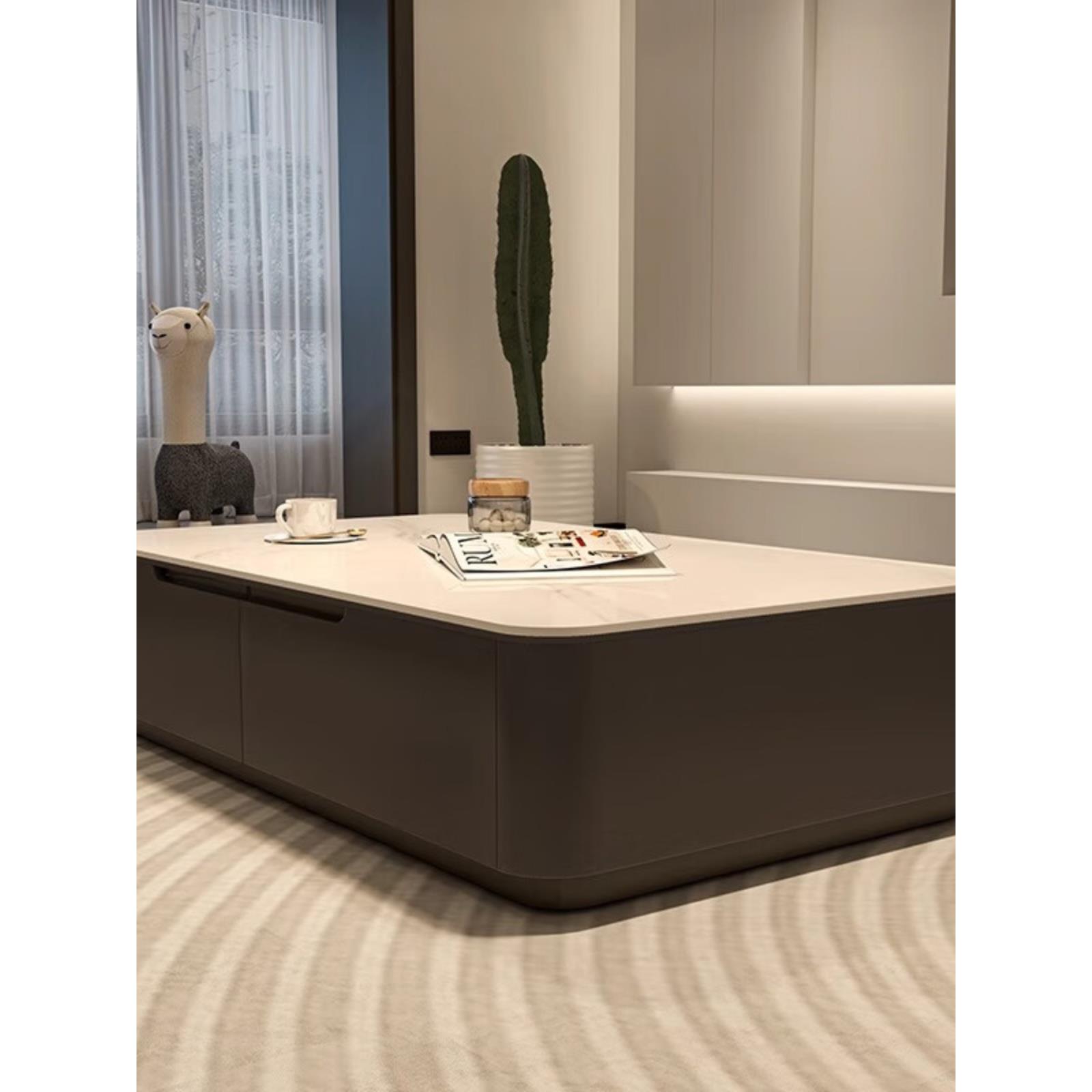 实木北欧黑色岩板长方形茶几桌大小户型客厅家用简约现代轻奢茶桌