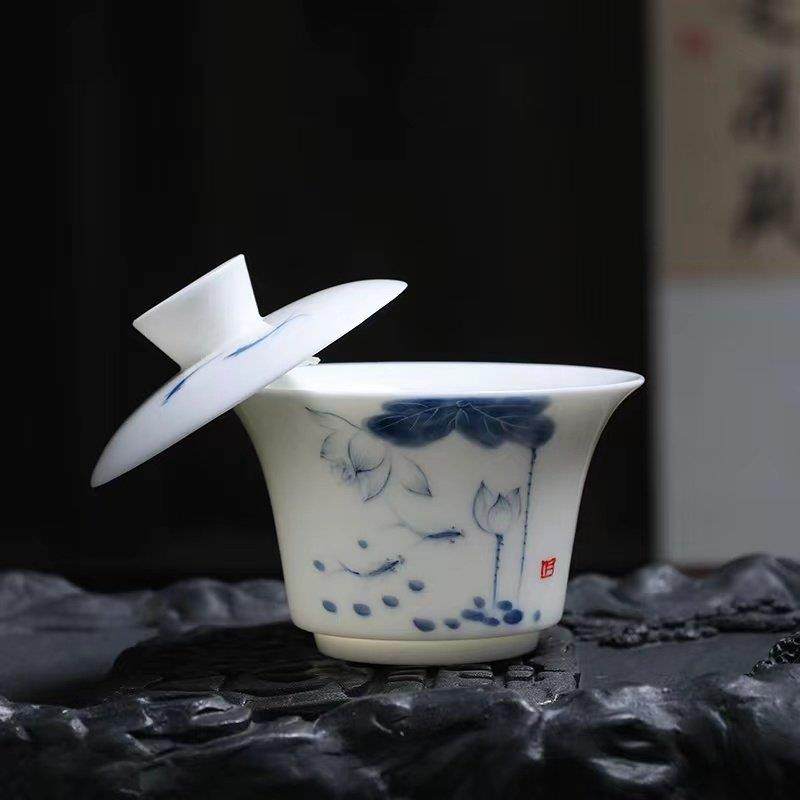 羊脂玉手绘悬停二才盖碗茶杯敬茶碗单个家用泡茶沏茶盖碗功夫茶具,餐饮具,盖碗,淘宝优惠券,粉丝福利购,淘宝优惠卷