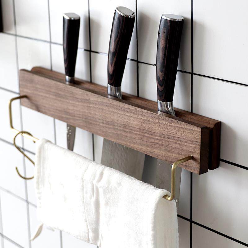 厨房用品刀架厨房壁挂式置物架黑胡桃木质家用刀架免打孔毛巾挂钩