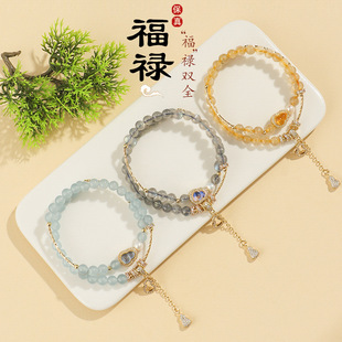 普陀山2026天然粉水晶双圈葫芦手链女水晶珍珠手绳生日礼物手串