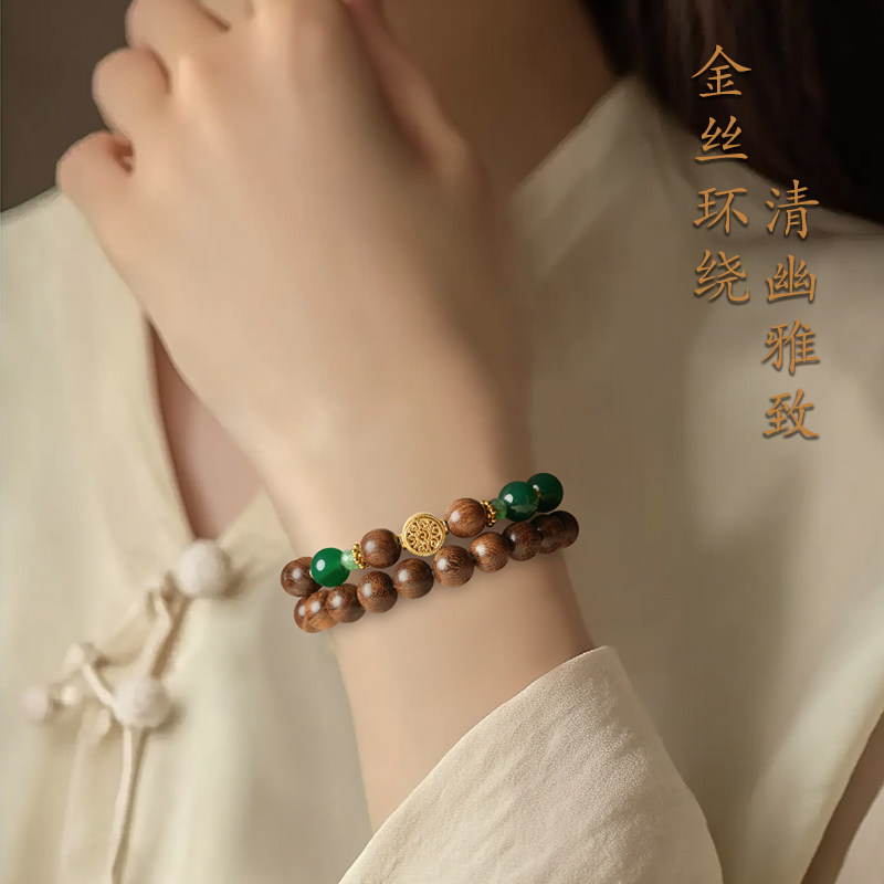 普陀山文创天然金丝檀佛珠文玩手串男女款正品绿玛瑙转运珠手链