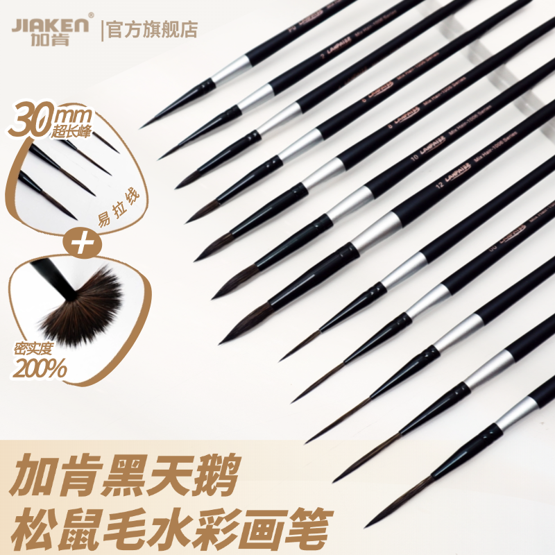 加肯黑天鹅水彩笔松鼠毛水彩笔水彩毛笔套装单支圆头美术专用勾线笔细节笔水粉笔红胖子1006水粉笔画画工具