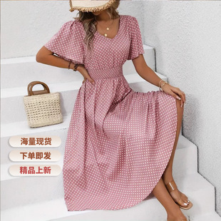 2025春夏新款 V领波点套头休闲连衣裙现货 亚马逊速买通热卖