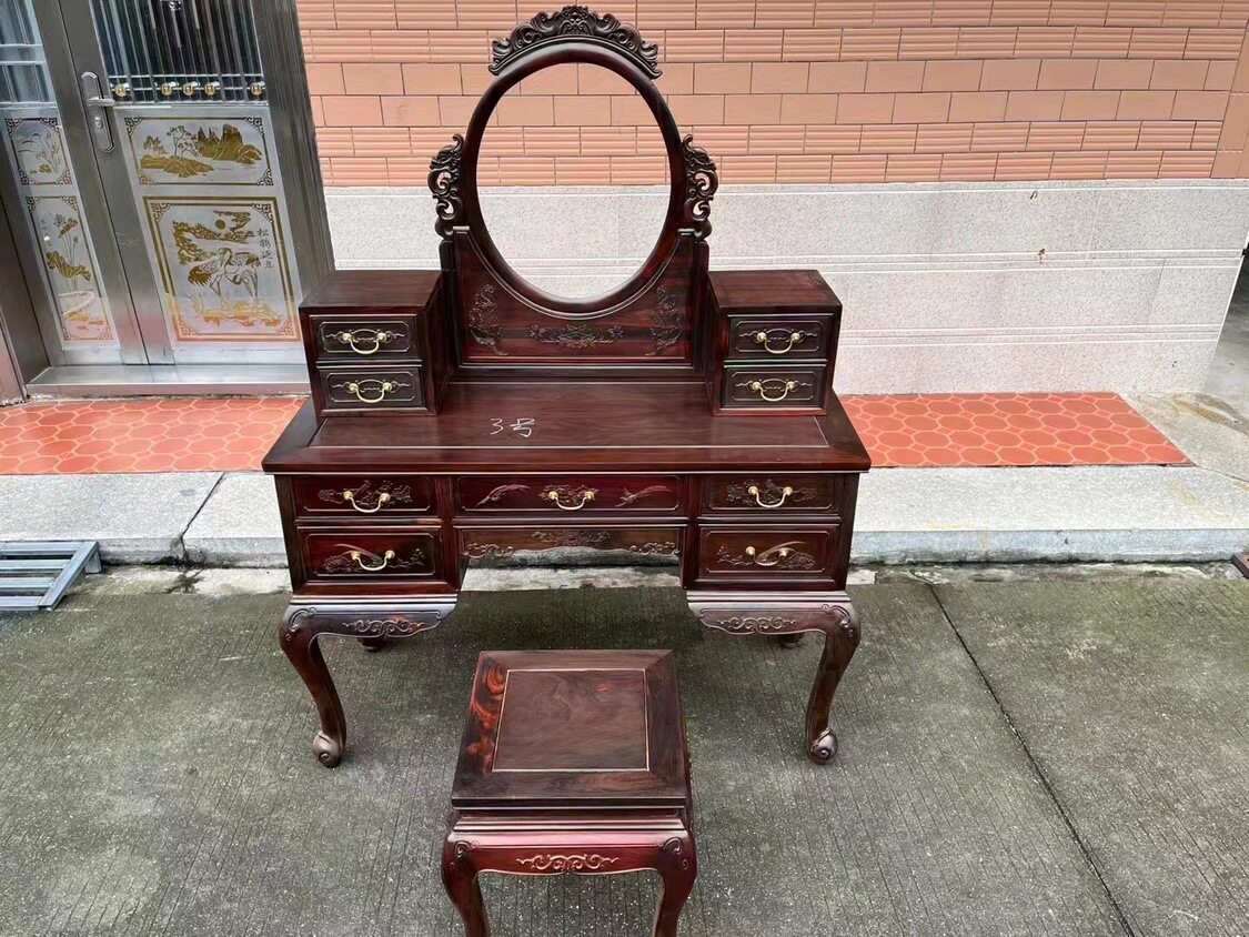 老挝大红酸枝交趾黄檀梳妆台化妆台试衣镜储物柜清式明式家具