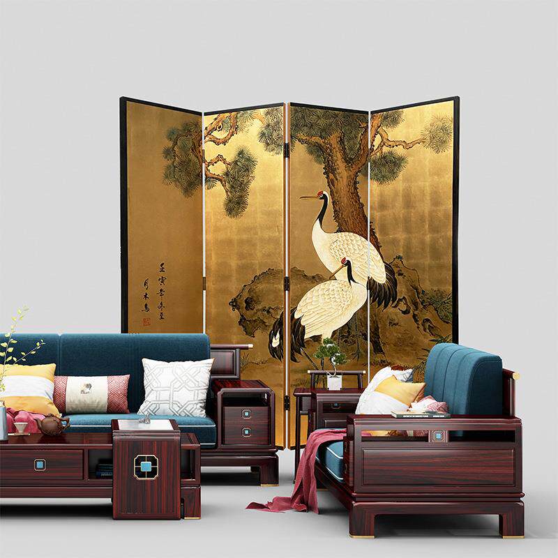 中式复古金箔客厅拐角折叠隔断装饰松鹤手绘玄关背景漆画屏风