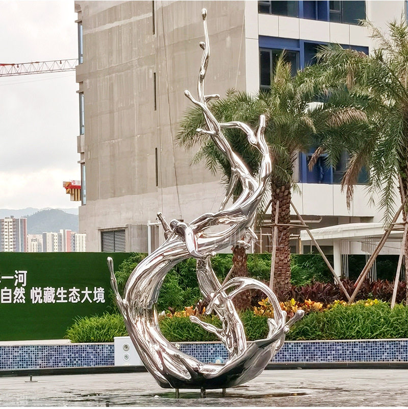 方圳不锈钢水花创意雕塑酒店镜面水滴庭院花园景观浪花金属摆件