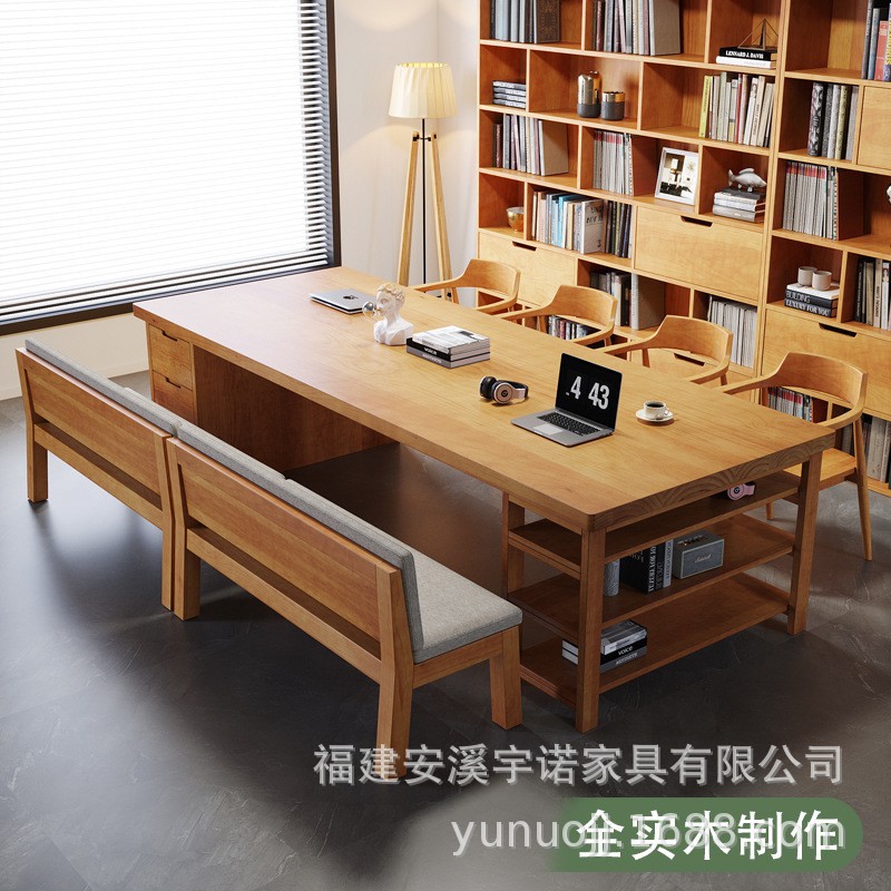 客厅实木大长书桌带抽屉家用办公工作台带多层收纳儿童写字学习桌图片
