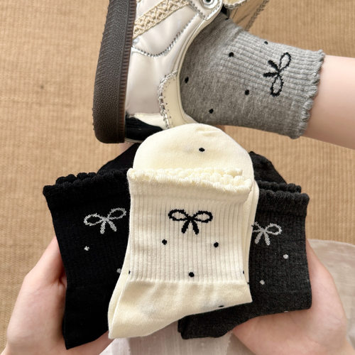 蝴蝶结波点袜子女春季纯棉中筒袜可爱甜美花边薄款防臭袜