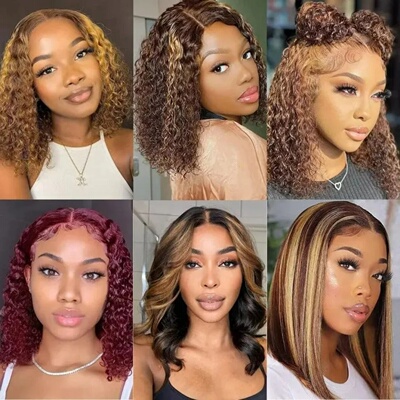 Highlight Short Curly Bob Wig Human Hair 100% Wigs Glueless