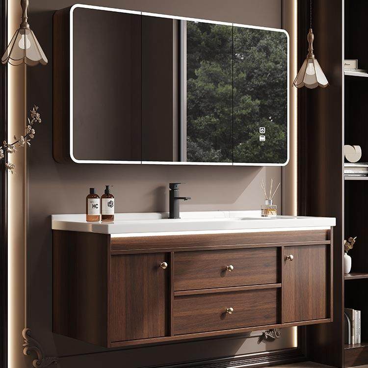 新款中古风胡桃木浴室柜组合卫生间陶瓷一体盆洗手洗脸池洗漱台面