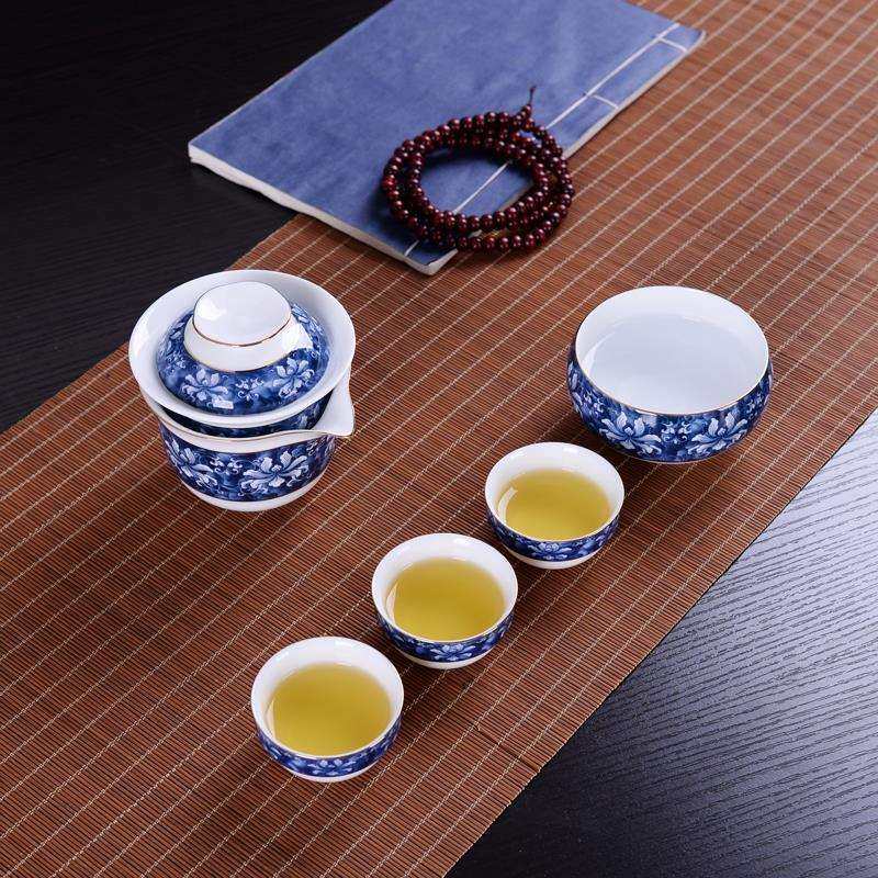 成艺陶瓷旅行茶具小套装便携包青花瓷快客壶3人杯喝茶户外办公室