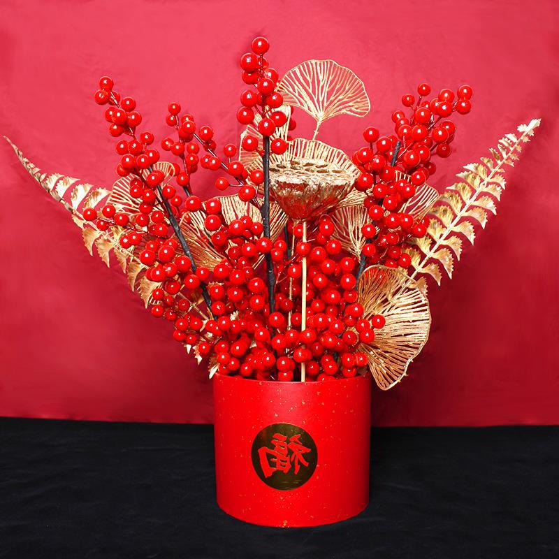 2022新年圆盒福桶仿真红果年宵花桶春节婚庆装饰乔迁客厅摆件批发