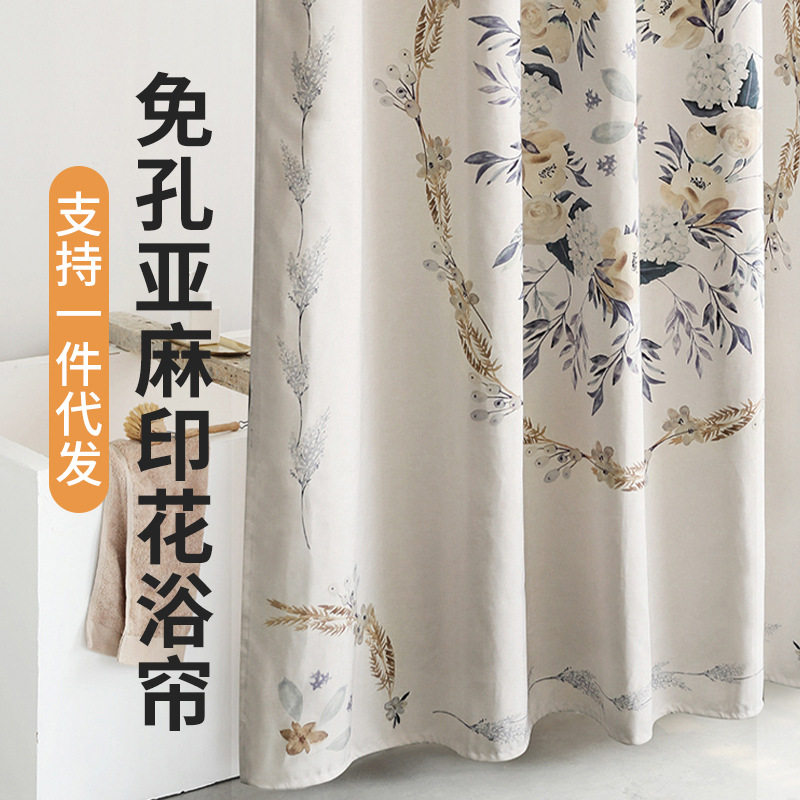 亚麻加厚防水防霉免打孔浴帘
