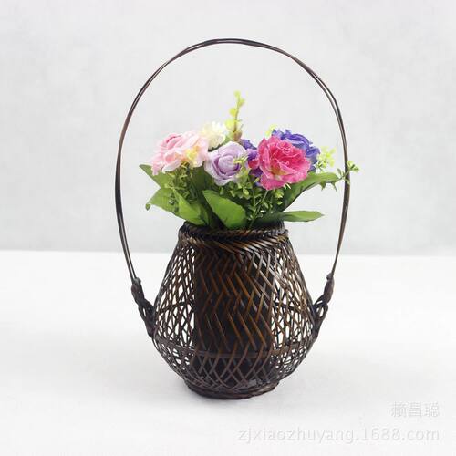 中式复古手编竹编花篮桌面摆件