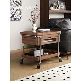 博纯焦糖中古风小推车客厅两用可移动折叠升降茶几角几沙发边几木