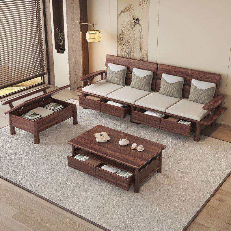 新中式全实木沙发组合黑胡桃木现代简约冬夏两用家用储物直排沙发