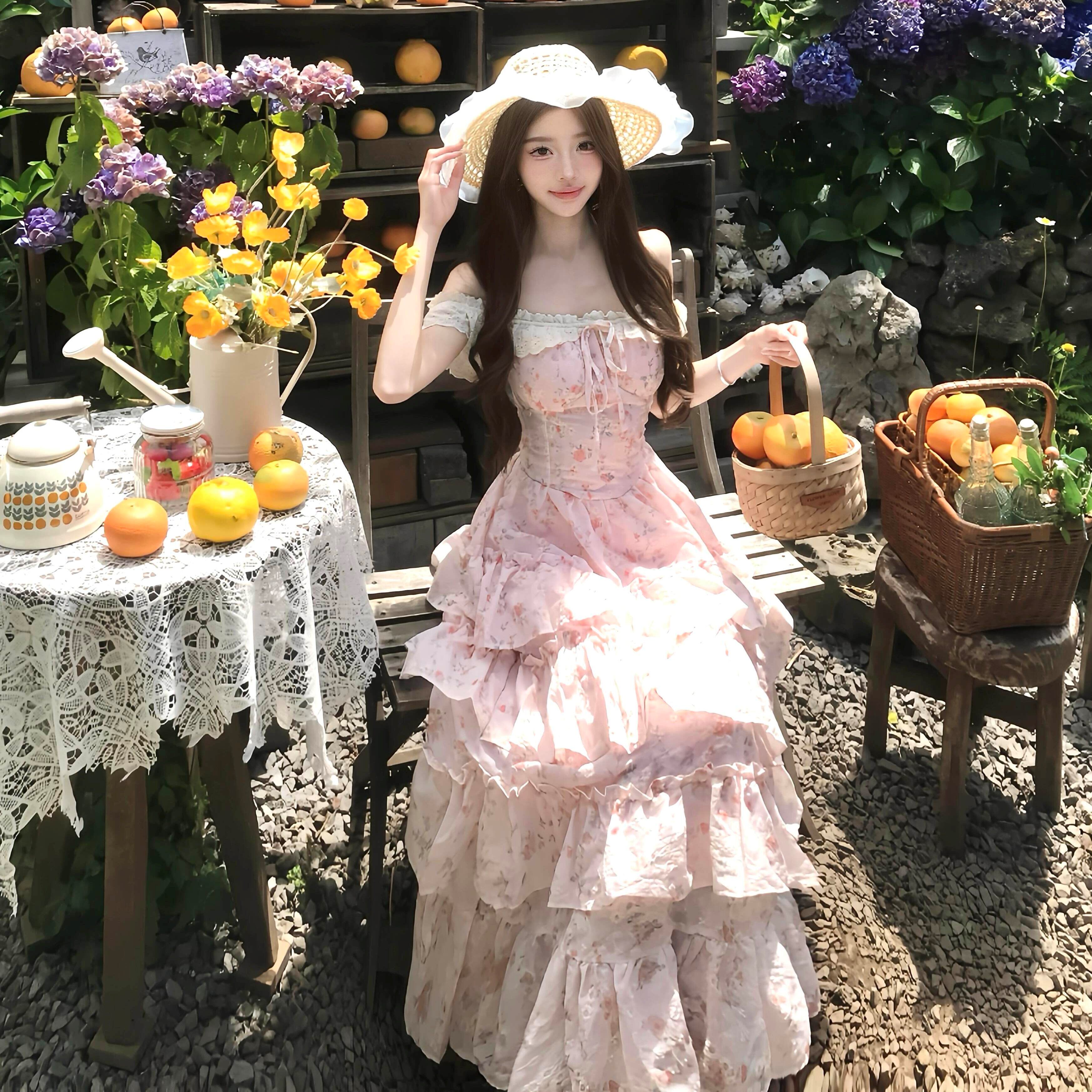 甜美粉色碎花洋装女夏季