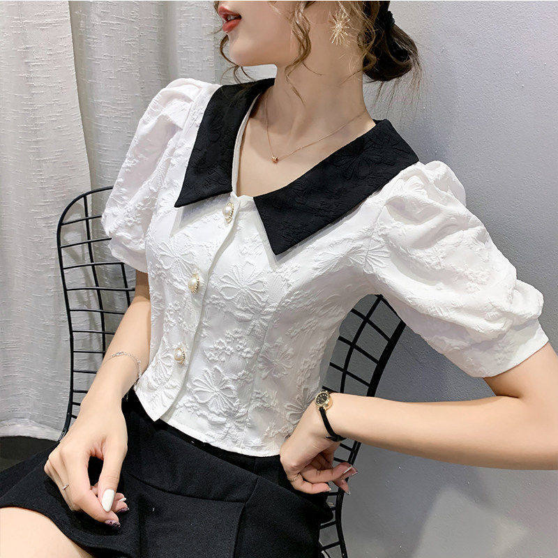 2022年夏装新款小香风短款设计感小众泡泡袖上衣女娃娃领短袖衬衫