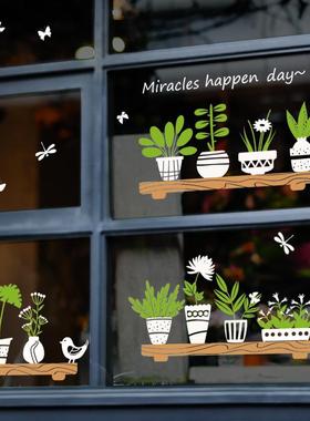 【SK6093ds】小清新植物盆栽 店铺玻璃门橱窗贴纸咖啡厅装饰墙贴
