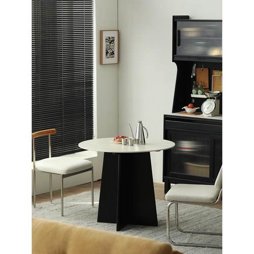 北欧实木餐桌覆古小公寓石板圆桌餐桌家庭圆桌和椅子组合橡木家具