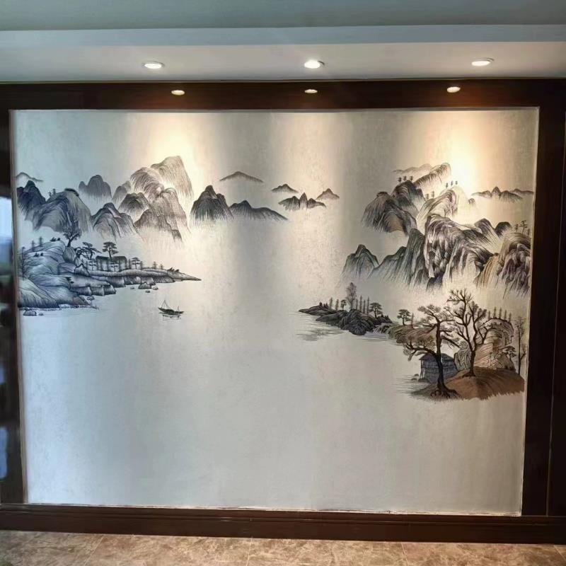 独绣刺绣无缝壁布悠然山居图客厅电视沙发背景墙布新中式