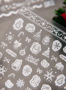 SKY爆款圣诞小雪人浮雕白色美甲贴纸圣诞节可爱背胶防水diy装饰贴