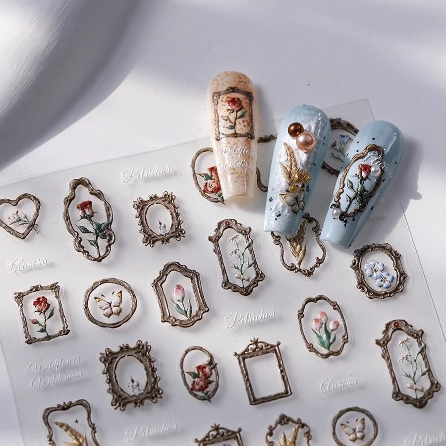 复古欧式油画框花束美甲贴纸
