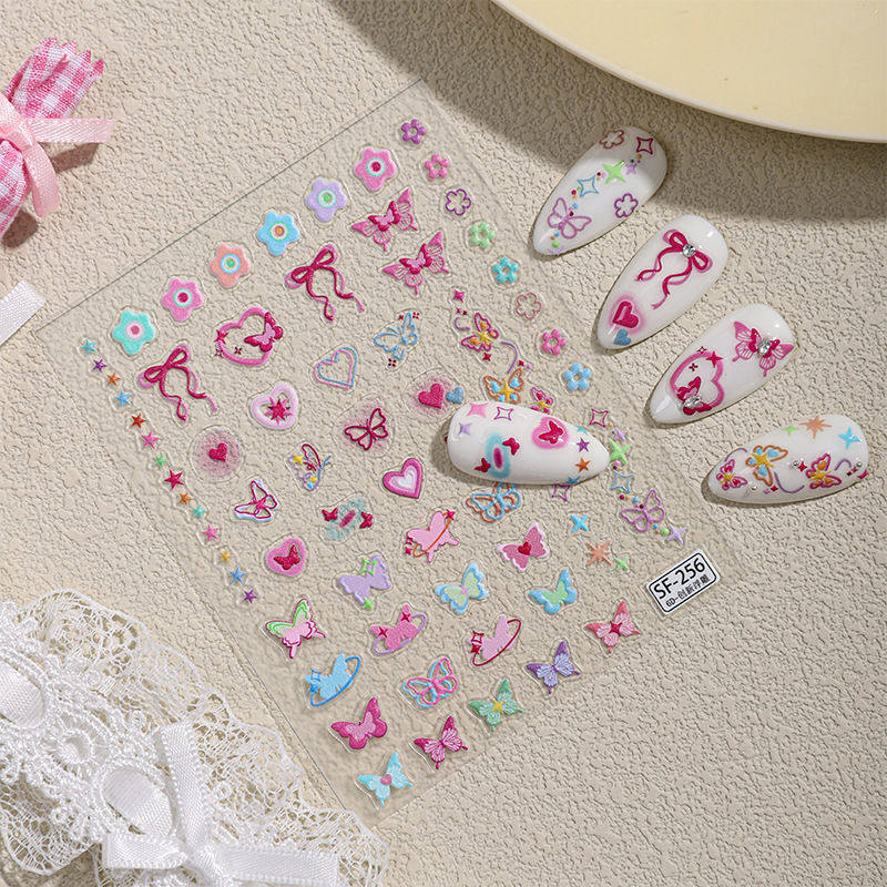 Sky爱心多巴胺蝴蝶结美甲贴纸定制蝴蝶彩色爱心星星ins浮雕指甲贴