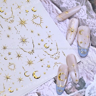复古星月神话图腾美甲贴纸波西米亚辣妹金银色星星月亮指甲贴装饰