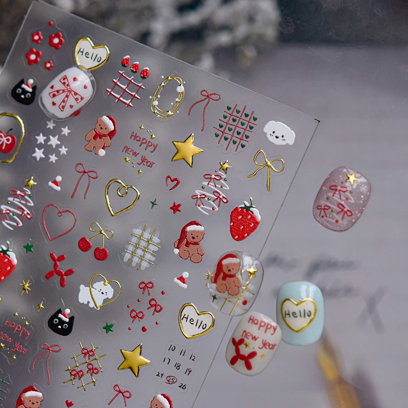 圣诞节高级美甲贴纸新款闪闪金属爱心蝴蝶结指甲贴纸冰晶圣诞节