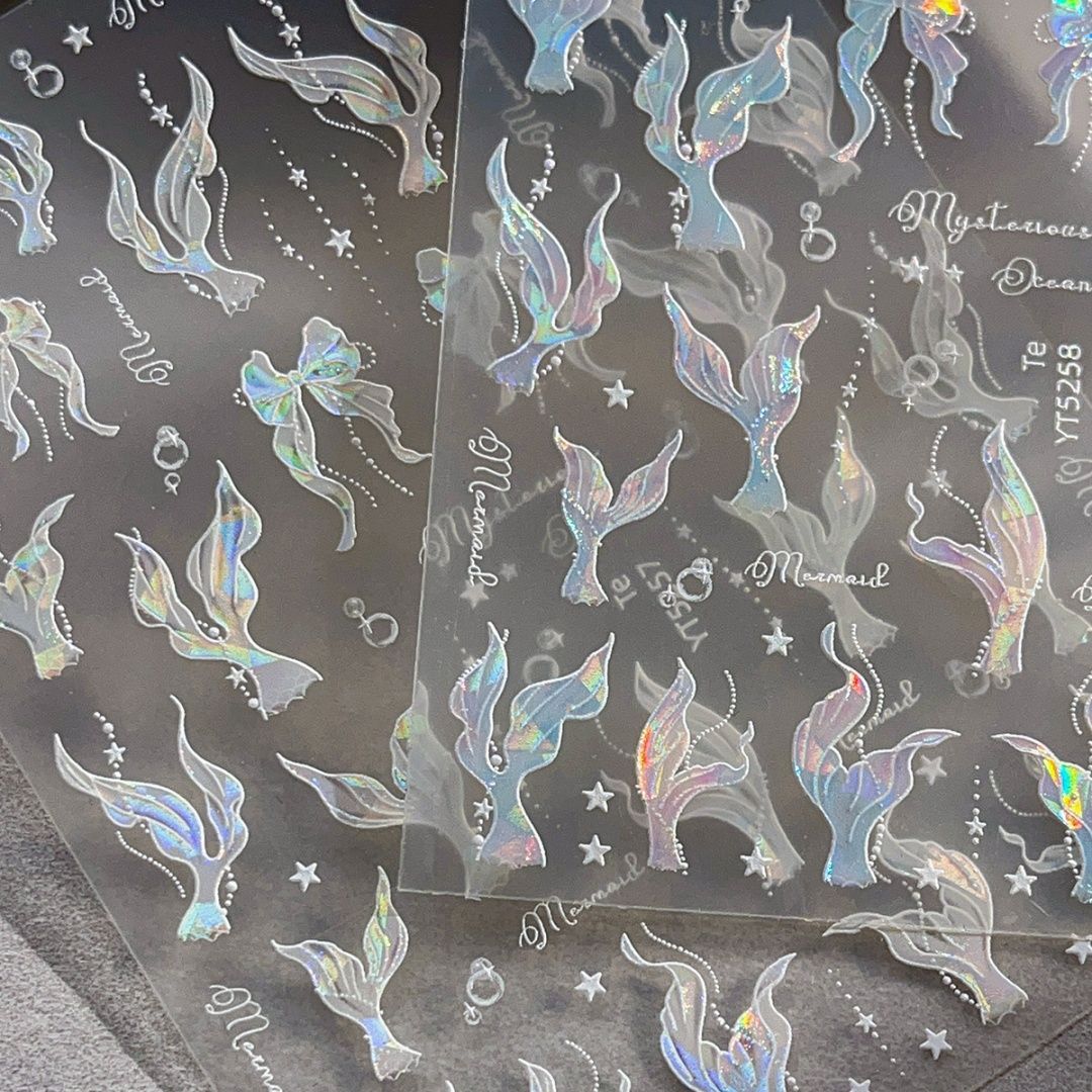 人鱼尾贝壳光美甲贴纸简约英文