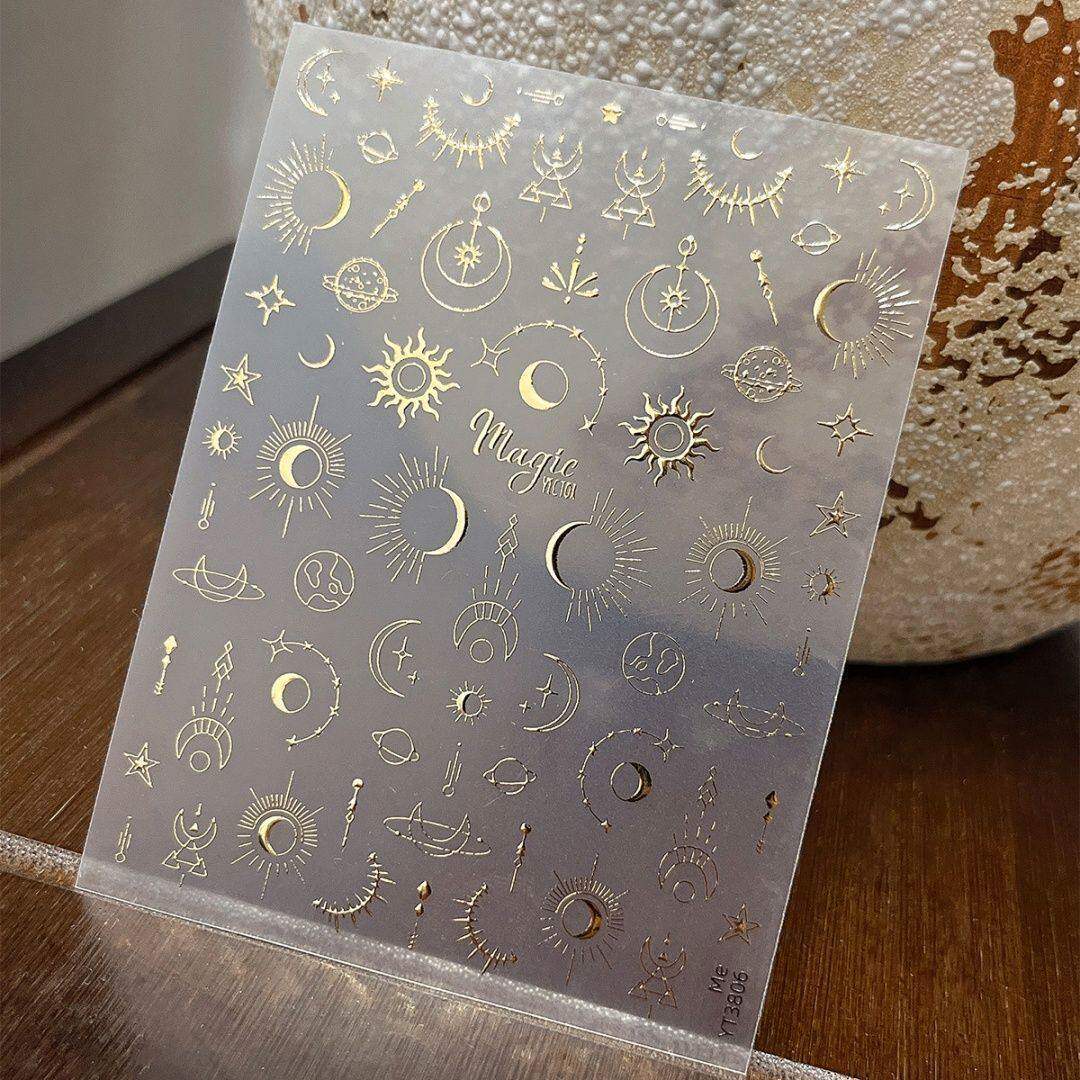 金银星月太阳星芒金属美甲贴纸背胶镂空烫金烫银环绕星球指甲diy