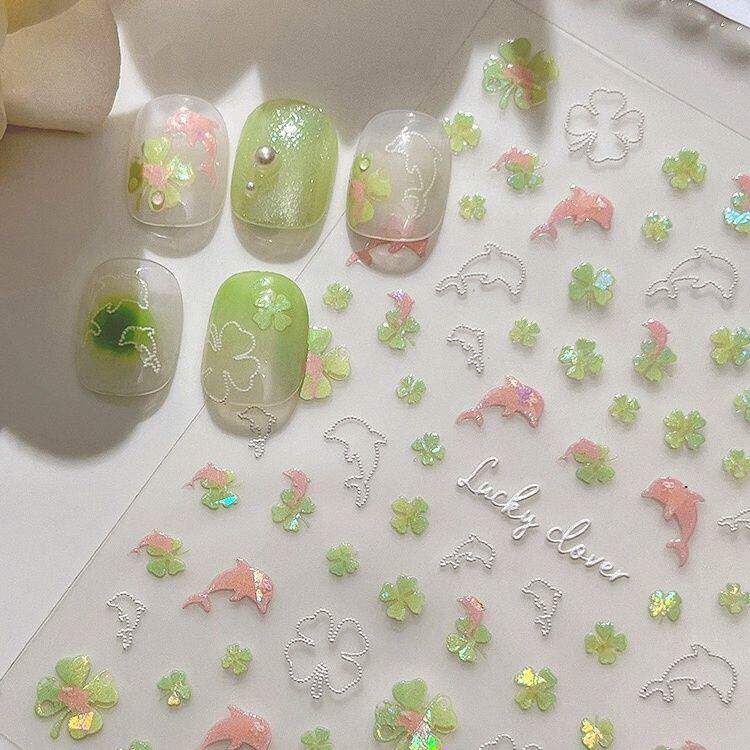 春日贝壳光粉色海豚四叶草美甲贴