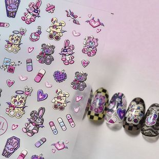 美甲立体卡通贴纸甜酷玩偶熊浮雕暗黑熊辣妹指甲笔杆水杯手机装饰