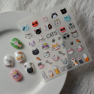 新款3D可爱萌宠猫咪美甲贴纸浮雕立体日系可爱猫爪背胶防水指甲贴