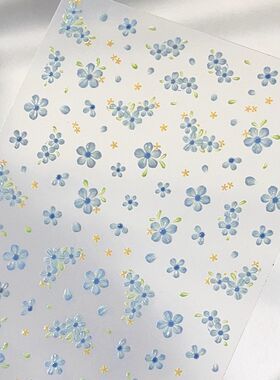 夏日蓝色小花美甲贴纸小红书爆款高级感小清新立体浮雕指甲装饰品