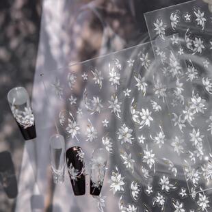 新款高级轻奢无晶钻白色半透花美甲贴纸背胶防水高颜值diy平板ccd