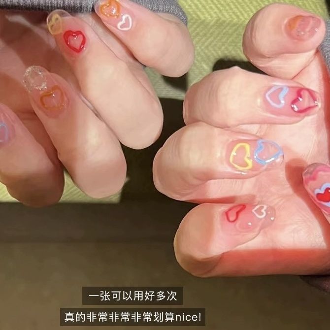 彩色少女爱心多巴胺果冻美甲贴纸立体粉色桃心diy可爱指甲贴图案