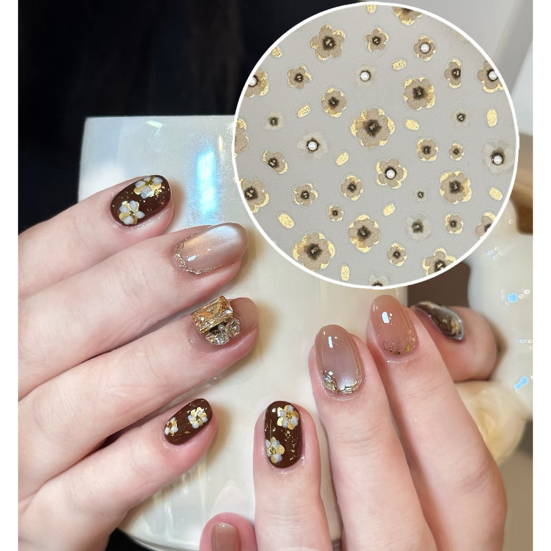 爆款复古黑金不规则晕染小花浮雕美甲贴纸镶钻烫金ins甜酷花背胶