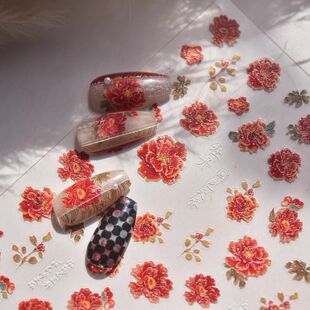 国色天香牡丹花美甲贴纸新中式国风花朵红色雍容华贵牡丹美甲贴纸